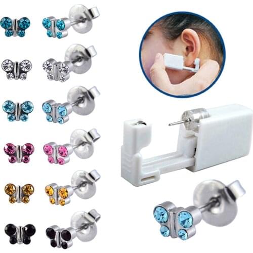 6pieces Assoretd Butterfly Crystal Disposable Ear Piercing Units Stud Earring Gun Tools Kit Body Piercing Jewelry