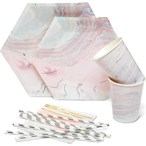 65 PCS Disposable Tableware Party Set Pink and Marble Dinner Dessert Plates Cup Straws Napkins for Birthday Baby Bridal Shower