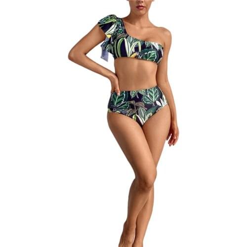 Bikini Women’s Swimwear Leaf Printed Suit Ruffled Single Shoulder Bustier Tops with High Waist Triangle Bottoms Two-Piece Suit