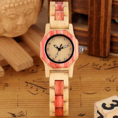 Wooden Watch Case Octagon Womens Watches Rhinestones Decoration Dial Elegant Full Wooden Ladies Wrist Watch Quartz Movement