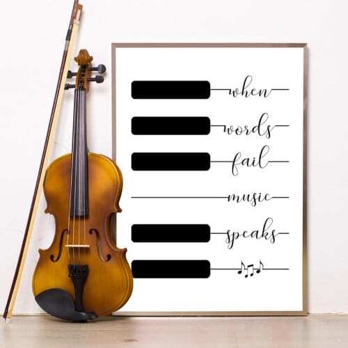 Piano Keys Black and White Music Wall Art Prints , When Words Fail Music Speaks Quotes Canvas Painting Picture Living Room Decor
