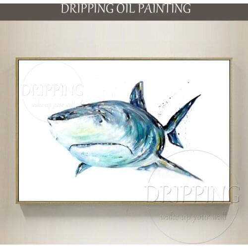 Artist Pure Hand-painted The Great Animal Big White Shark Oil Painting on Canvas Marine Animal Big White Shark Oil Painting