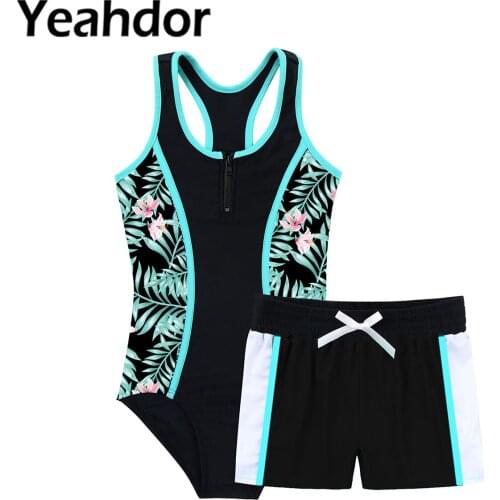 Kids Girls Summer Swimming Bathing Suit Swimwear Round Neck Sleeveless Racer Back Jumpsuit and Boyshorts Set Beach Swimsuit