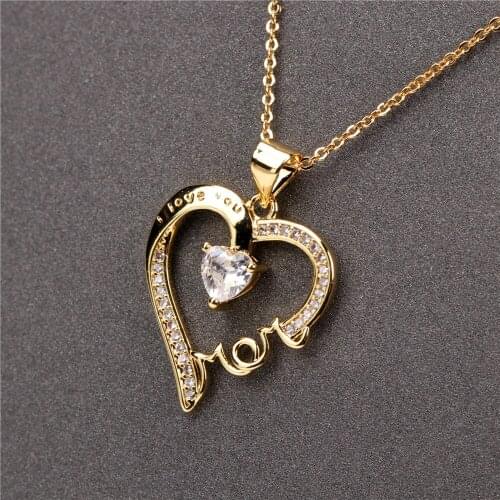 EYIKA Fashion Cubic Zirconia Heart Pendant Adjustable Necklace for Women I Love You Mom Gold Lettering Jewelry Mothers Day Gift