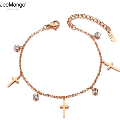JeeMango Neo-Gothic Stainless Steel Cross Charm Bracelets Bangle For Women Bohemia CZ Crystal Chain Link Beach Bracelet JB20039