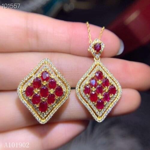 KJJEAXCMY exquisite jewelry 925 Silver-inlaid Natural Ruby Female Ring Necklace Pendant Set Support Detection