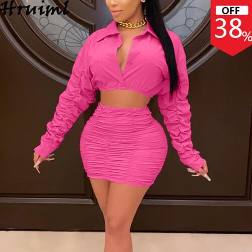 Two Piece Set Women Pleated Long Sleeve Crop Top Mini Skirt Tracksuit Matching Sets for Women Outfits Solid Slim Short Sets