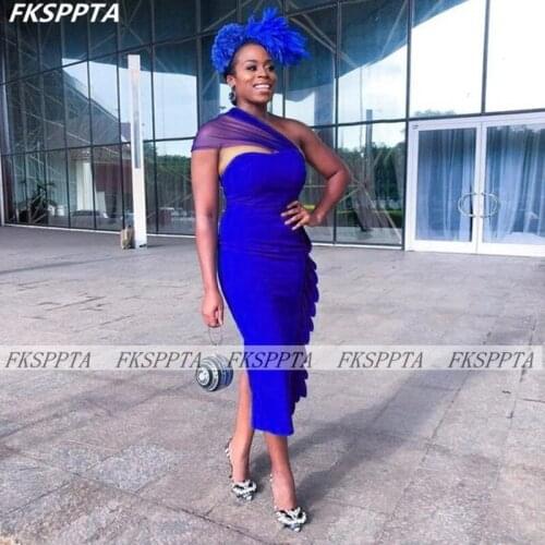 Short 2021 Royal Blue Bridesmaid Dresses With Ruffles One Shoulder Sheath Black Maids Of Honor Wedding Party Gowns Custom Made