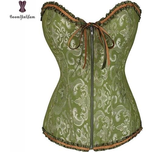 Lace Up Zipper Corset White Blue Green Red Korse Gothic Women Korset Over Bust Boned Corselet Jacquard Floral Corselet Bustier