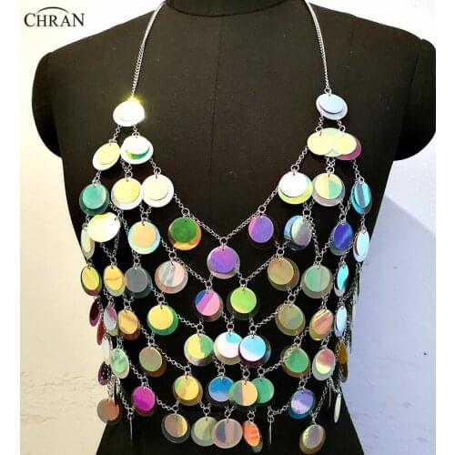 Chran Multi Sequins Seascale Crop Top Disco Party Chain Necklace Rave Bra Bralete Lingerie Festival Costume Wear Jewelry CRS209