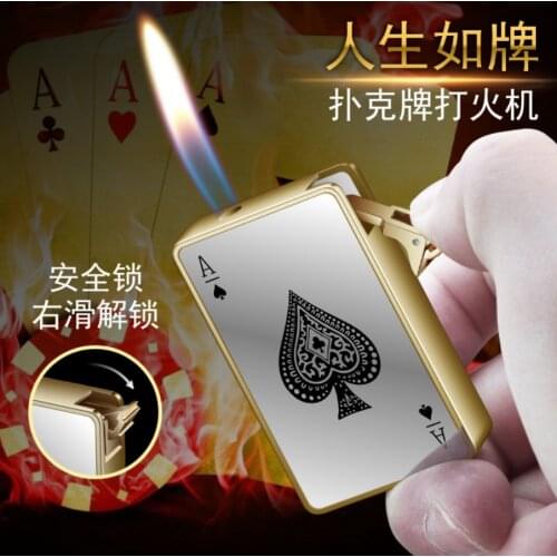 Hot selling Creative poker style butane Inflatable gas cigarette lighter open flame safety lock smoking igniter Exquisite gift