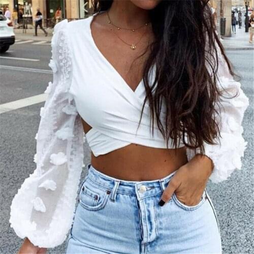 Fashion Long Lantern Sleeve Blouses Backless Cross Shirts Elegant Women Shirts Celmia Lace Sexy V Neck Casual Blusas