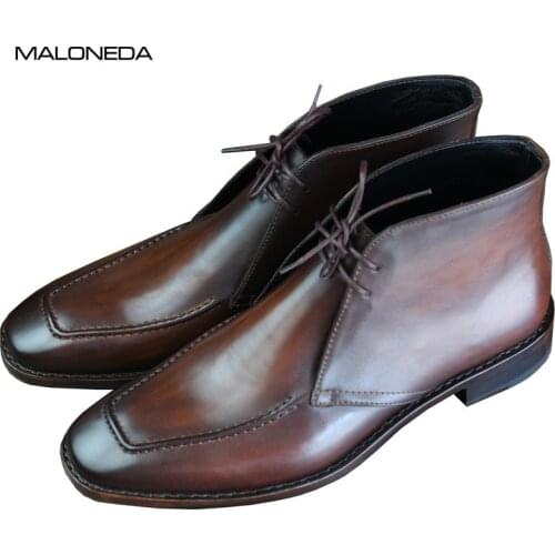 MALONEDE Bespoke High Quality Luxuriou Handmade Goodyear 100% Genuine Leather Lace Up Short Boots for Men Big Size