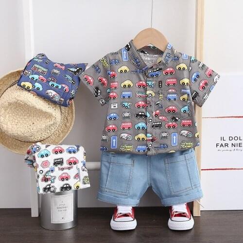Baby boy clothes summer short-sleeved shorts suit boy cartoon car print casual cotton shirt + denim shorts baby boy 2-piece set
