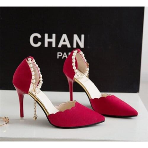 One Word Buckle Pointed Toe Exquisite Pearl Chain Solid Color Sexy High Heels Ladies Single Shoes Summer Work Shoes Trend