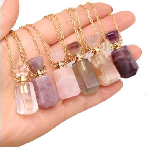 Natural Stone Perfume Bottle Pendant Necklace Rose Quartzs Lapis Lazulis Necklaces For Jewelry Gift Length 66+5cm Size 15x35mm