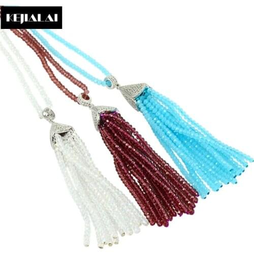New Design Handmade Tassel Pendant Necklace Silver Color Charm Paved with Crystal Rhinestone Glass Crystal Beads Tassel Chain