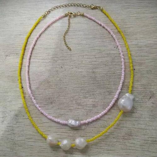Hand-made pink and yellow glass beads beaded necklace fashionable pearl pendant exquisite jewelry accessories gift