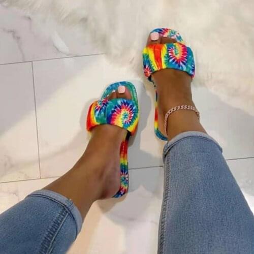 2021 Women Square Toe Color Slippers For Home Woman Print Slide Flat Shoes Female Womens Beach Ladies Summer Big Size