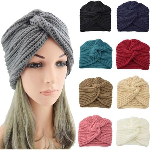 Ladies Muslim Inner Hijab Caps Bohemia Turban Cashmere Cross Wrap Head Indian Hat Wool Knitted Hijab Bonnet Turban Cap