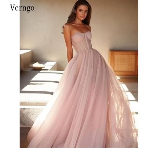 Verngo Simple Pale Pink Tulle A Line Long Prom Dresses 2021 Sweetheart Fish Bones Sheer Top Coset Lace Up Back Evening Gowns