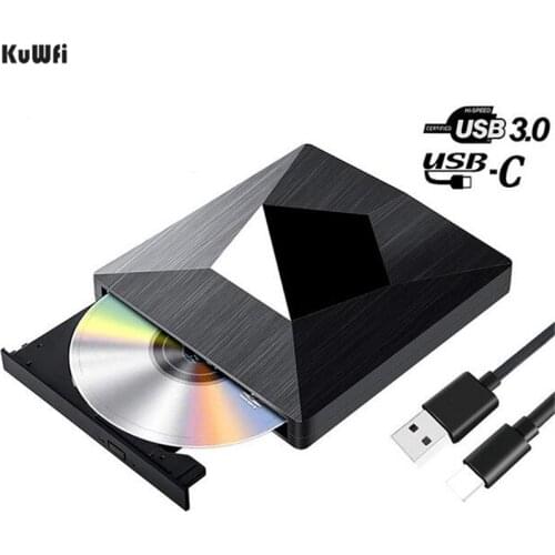 KuWFi USB3.0 External CD DVD Drive with Type C Portable CD-RW/DVD-RW Writer Reader DVD Player Burner External Optical Disc Drive
