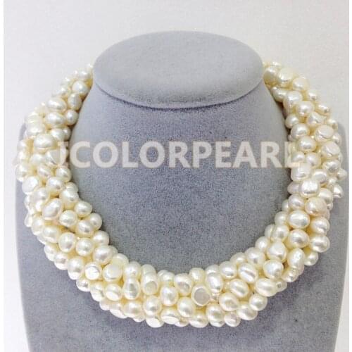 WEICOLOR Best Quailty Six-strand Twisted 7-8mm Potato Round White Natural Freshwater Pepper pearl Necklace