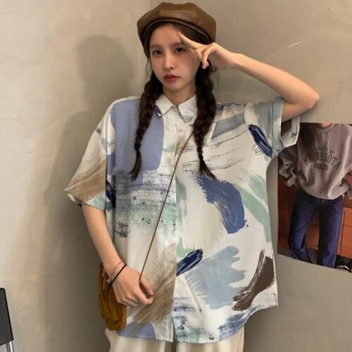 Summer new style printed loose polo collar short sleeve shirt women
