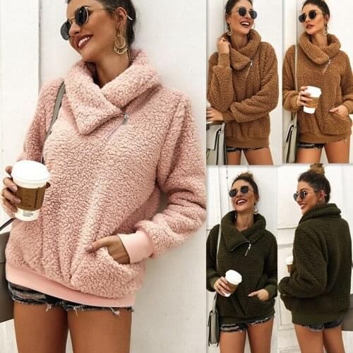 Women Fleece Hoodies Winter Casual Solid Loose Hooded Thick Plush Sweatshirt Warm Velvet Pocket Zipper Female Fluffy Pullover