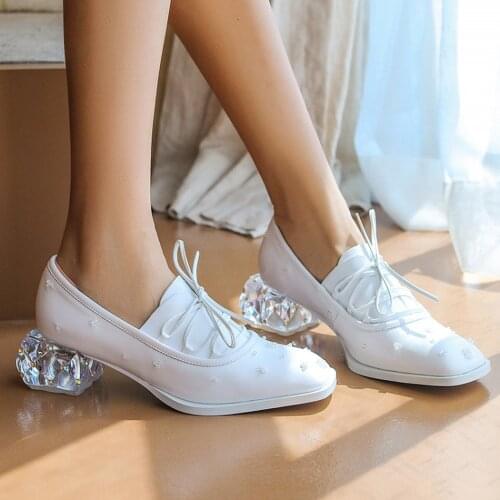 US4-10 Womens Pointy Toe Genuine Leather Rhinestones Strange Crystal Clear Heel Pumps Low Top Shoes Lace Up White OL Plus Size