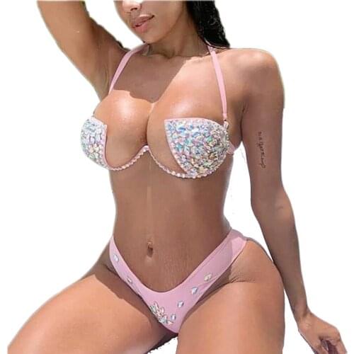 Fashion Show Summer Hot Sexy Girl 2 Piece Push Up Crystal Luxury Rhinestone Womens Swimwear Bikini