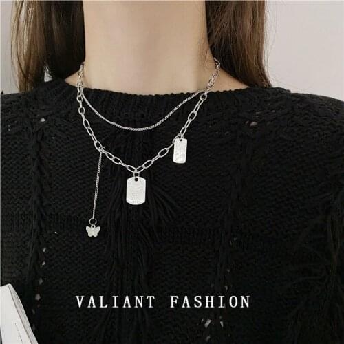 2021 New Metal Tassel Butterfly Brand Double Layer Necklace Ins Hip-hop Niche Design Sense Clavicle Chain Necklace for Women
