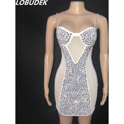 Women Birthday Prom Rhinestones Sling Dress White Mesh Transparent Crystal Stones Skinny Sleeveless Dresses Host Singer Costume