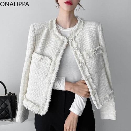 ONALIPPA Tweed Coat Women French Elegant Temperament Round Neck Frayed Stitching Chic Single-Breasted Loose Pocket Woolen Jacket