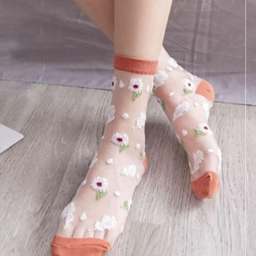 1Pair Embroidered Flower Nice Gift for Women Transparent Breathable Summer Sock Silk Ultrathin Mid Tube Socks