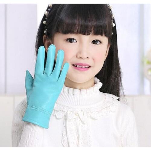 Childrens autumn winter thicken warm fleece lining leather gloves boy girl kids natural sheepskin leather glove R1879