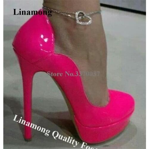Linamong Elegant Round Toe Patent Leather High Platform Stiletto Heel Pumps Rose Red Cute High Heels Formal Dress Wedding Shoes