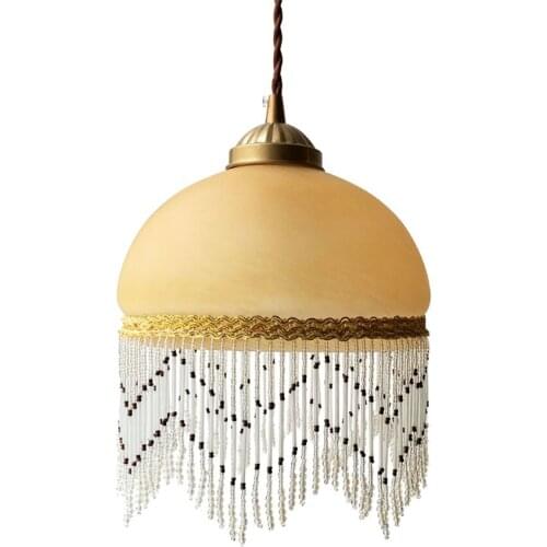 French retro antique glass pendant lights bedroom bedside living room vintage brass Fringed lamps balcony hanging light fixtures