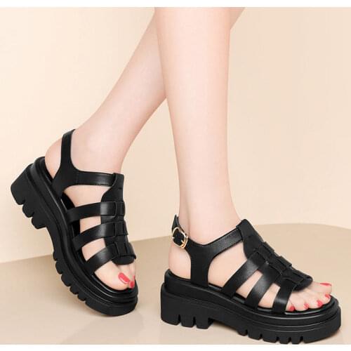 Leather Sandals Womens Summer Increase 2021 New Wedge Heel Mid-heel Platform Beach Shoes Sponge Cake Casual Flat Open Toe