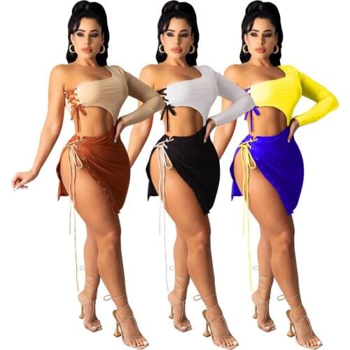 Summer New Womens Sexy Fashion Tethered One-Arm Sleeves Waist Open Split Dress