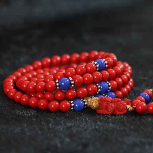 Synthetic red cinnabar stone Multilayer 6mm 108 round loose beads lion pendant with blue spacer diy bracelet B799