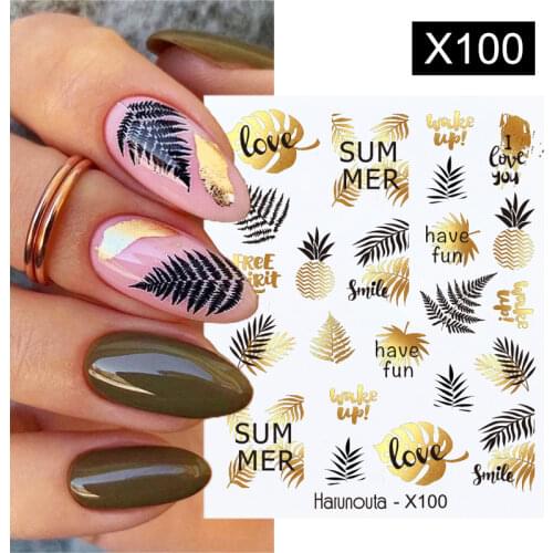 Harunouta Gold Black Tropical Plants Water Nail Decals Stickers Leaves Flower Geometry Line Slider Summer Nail Art Decoration