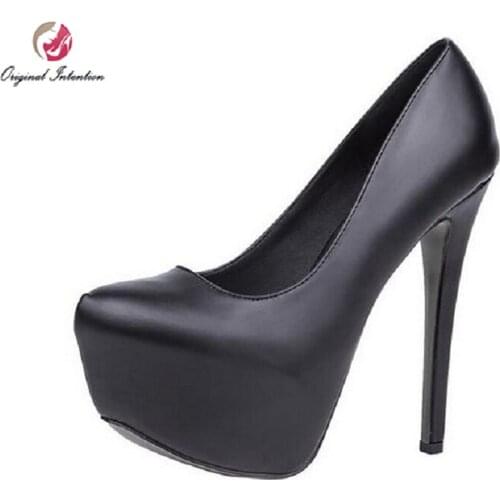 Original Intention Women Pumps Comfortable Soft Leather Sexy Round Toe Thin Heels Pumps Black Shoes Woman Plus US Size 4-15