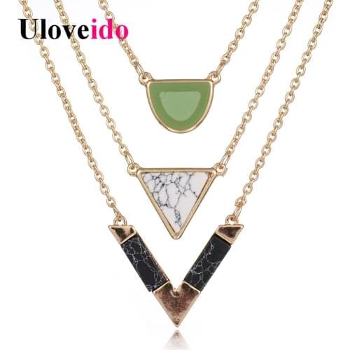 Uloveido V-shaped Necklaces & Pendants Triple Multilayer Necklace Women Green Pendant Jewelry Valentines Day Gift 15% Off JN261