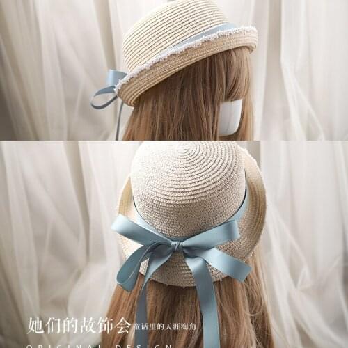 Japanese Crimping Flat Top Hat Lolita Beach Summer Beach Bowknot Ribbon Women Straw Hat Free Shipping B