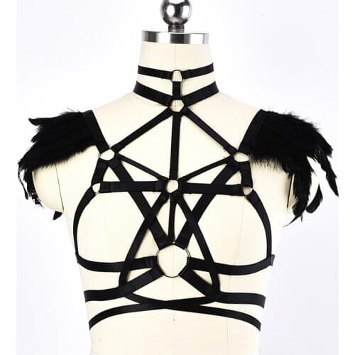 Gothic Feather Harness Clothes Accessories Black Neck Collar Sexy Lingerie Cage Bra Dance Exaggerate Feather Body Harness