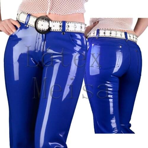 Custom tailored blue straight pants womens latex jeans with middle waist design exclude belt made of 100% real & natural latex