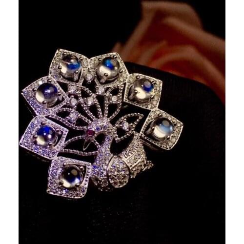 Blue Moonstone brooch Free shipping Natural real Blue Moonstone 925 sterling silver brooch 4*4mm 7pcs gemstone