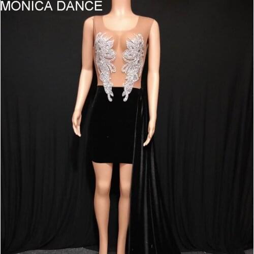 Sexy Sparkly Silver Stones Mesh Black Velve Transparent Dress Birthday Celebrate Evening Party Long Dress Dancer Singer Dress