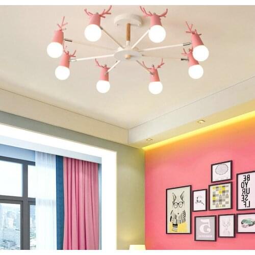 Modern wood chandelier horn deer Lampshade Kids room Girl room Chandelier Black White Pink Chandelier led salon lighting